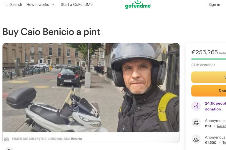 Vaquinha virtual arrecada dinheiro para pagar cervejas ao brasileiro Caio Benício, que interrompeu um ataque a faca na saída de uma creche em Dublin 