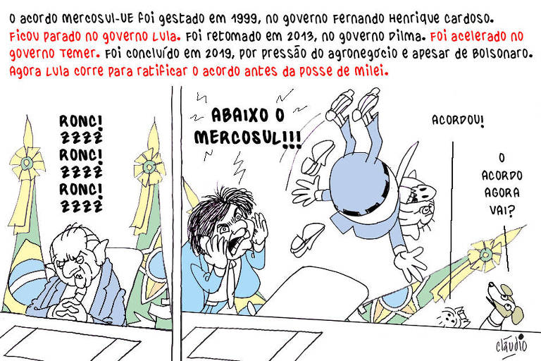 A charge tem uma abertura com o seguinte texto:  O acordo Mercosul-União Europeia foi gestado em 1999, no governo de Fernando. Ficou parado no governo Lula. Foi retomado em 2013, no governo Dilma. Foi acelerado no governo Temer. Foi concluído em 2019, por pressão do agronegócio e apesar de Bolsonaro. Agora Lula corre para ratificar o acordo. Em um primeiro quadrinho, Lula está sentado no gabinete presidencial, tirando um cochilo. Em um segundo quadrinho, o presidente eleito da Argentina, Javier Milei, aparece e grita: - Abaixo o Mercosul!!! Com um susto, Lula pula da cadeira! Dois cachorros atrás da mesa comentam: - Acordou! O acordo agora vai? 