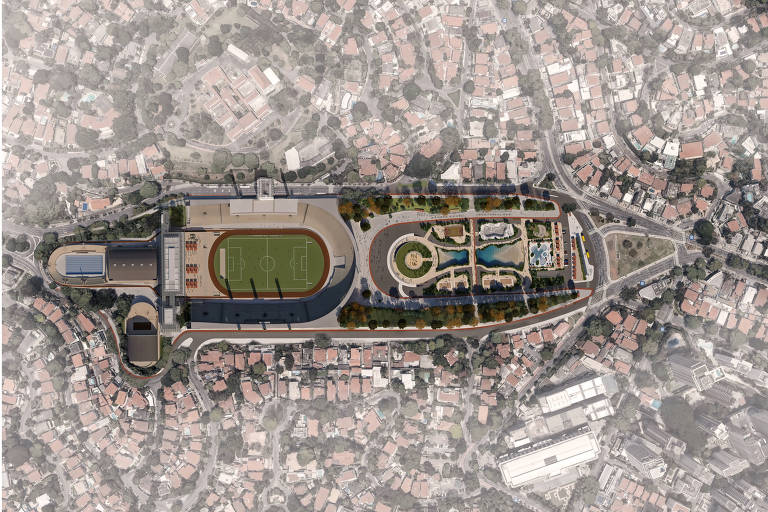 Projeto do mapa da região do estádio do Pacaembu, mostrando praça com piscinas e quadras em frente ao estádio
