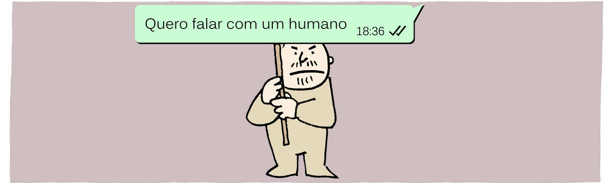 A tira de André Dahmer, publicada em 27/11/2023, tem apenas um quadro. Nele, um homem de semblante irritado segura uma placa. A placa, em formato de chat de celular, carrega a inscrição: "Quero falar com um humano" e mostra o horário da mensagem: "18:36"