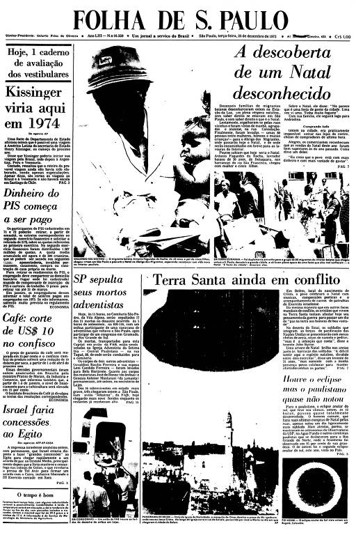 Primeira Página da Folha de 25 de dezembro de 1973