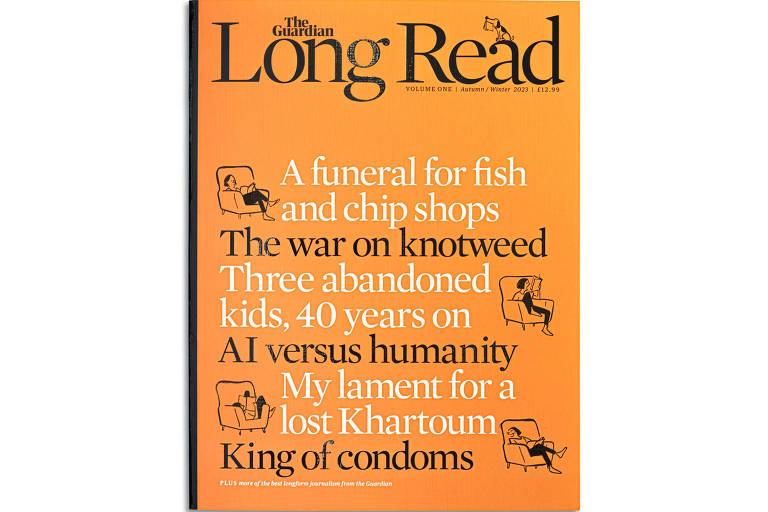 A revista tem a capa laranja, com o título 'The Long Read' em preto; também há títulos de algumas das reportagens presentes na revista