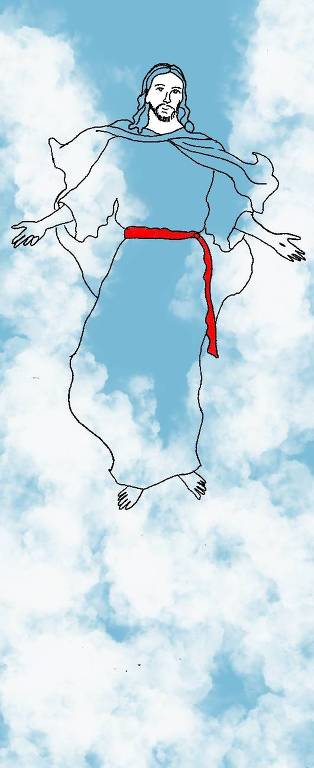 Desenho de Jesus Cristo voando entre as nuvens