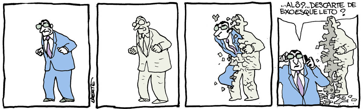 Na tira de Laerte, em 4 quadrinhos: 1) - Um homem, de terno e gravata, com óculos escuros, está parado, de pé, os braços tensionados e encolhidos junto ao corpo. 2) - Na mesma exata posição, o homem tem um aspecto diferente, de um tom só, como se fosse uma estátua de si mesmo, em algum material. 3) - A superfície da figura se rompe como num casulo e o homem sai de lá de dentro, com o mesmo aspecto que tinha antes. 4) - A estrutura rompida continua ali, de pé, com a parte da frente toda desfeita em cacos pelo chão. O homem, de terno, gravata e óculos escuros, está falando ao celular: “…alô?…Descarte de exoesqueleto?”