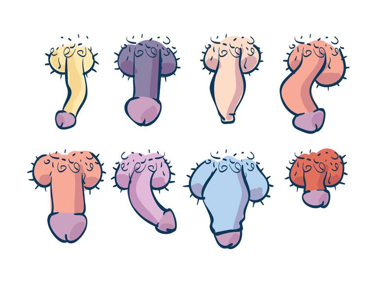 Ilustração com vários tipos de pênis, em g=formatos de cores divertidas e diferentes