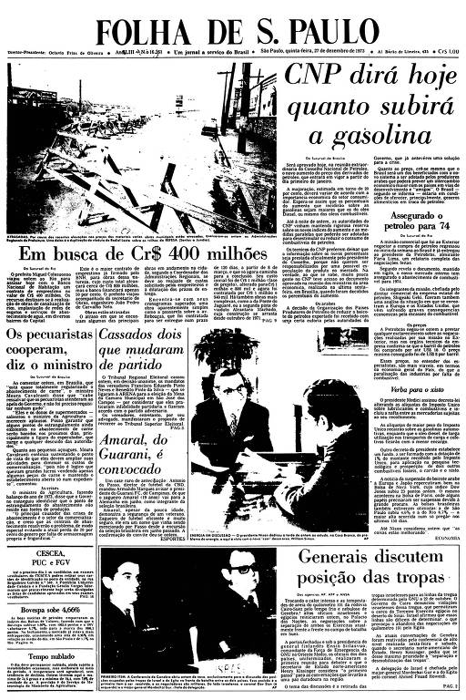 Primeira Página da Folha de 27 de dezembro de 1973