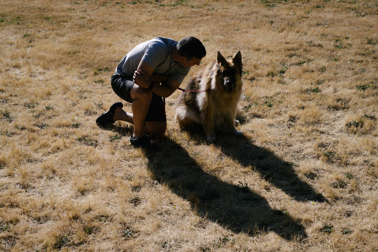 Matt Kaeberlein, cofundador da Dog Aging Project, com seu pastor-alemão Dobby, 12, em um parque de North Bend, em Washington