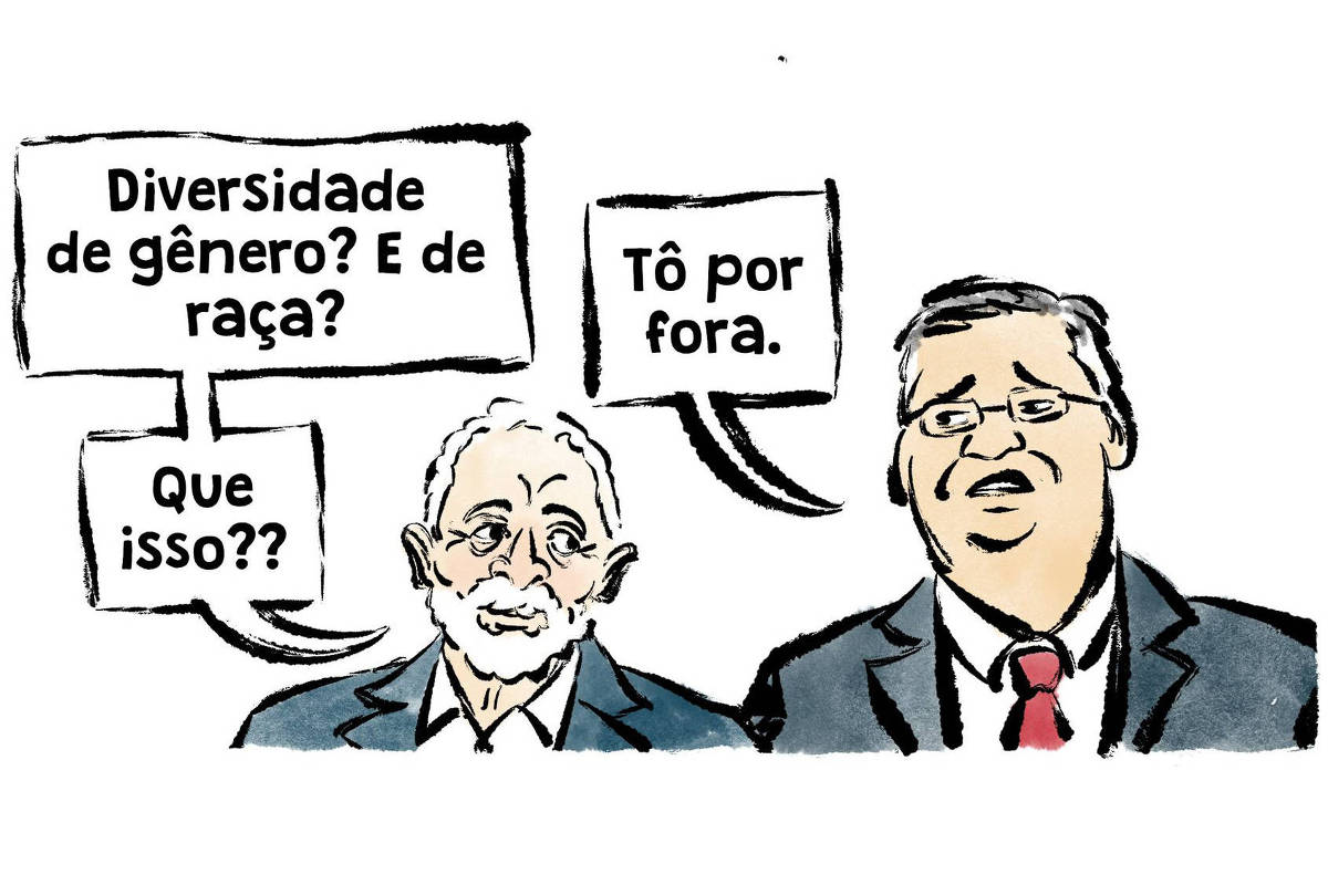 Na charge o presidente Lula pergunta ao Ministro Flávio Dino "Diversidade de gênero? E de raça? Que isso??" E Flávio Dino responde: "Tô por fora."