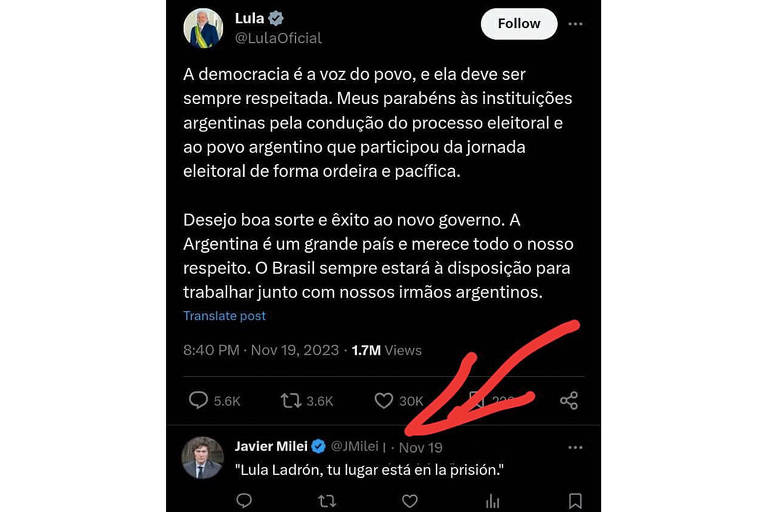 É falsa postagem que mostra Javier Milei chamando Lula de ladrão após eleição na Argentina