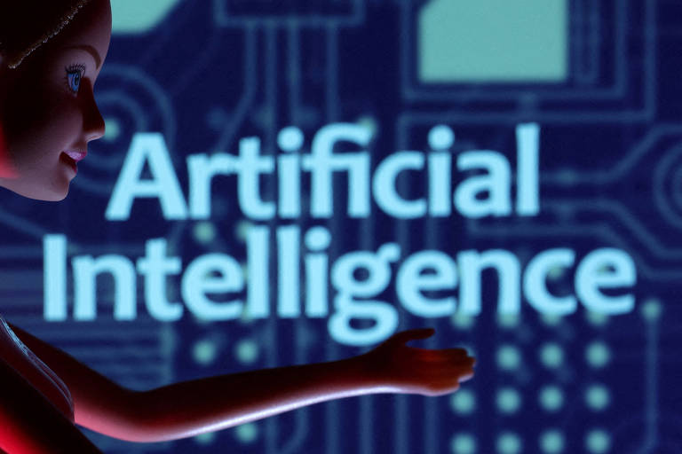 Ilustração mostra robô em frente a painel com a frase "inteligência artificial"