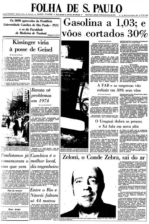Primeira Página da Folha de 29 de dezembro de 1973