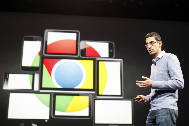 Chefe-executivo do Google, Sundar Pichai, durante anúncio sobre Google Chrome em conferência realizada pela empresa em 2012
