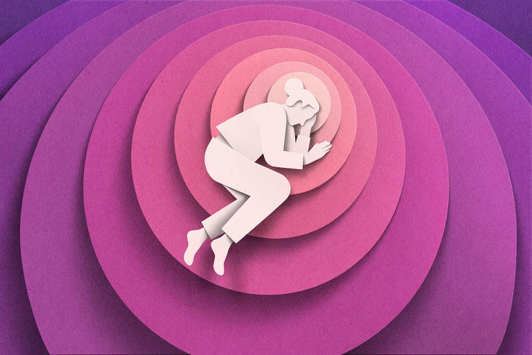 Ilustração de uma mulher deitada sobre círculos em tons de lilás