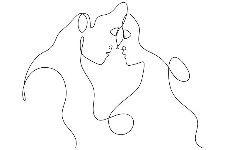 Ilustração com fundo branco mostra linha preta contínua que forma a silhueta de um casal de perfil, um de frente para o outro, com os narizes se tocando