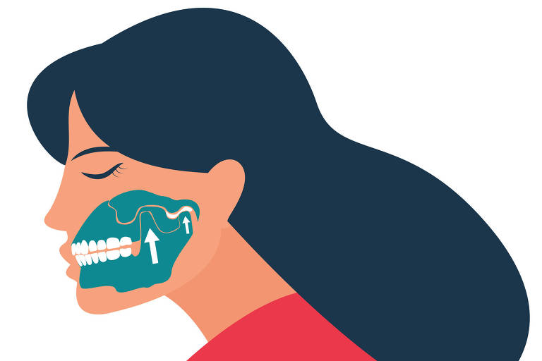 Ilustração nas cores branco, bege, azul marinho, vermelho e verde mostram uma mulher de perfil revelando a arcada dentária dela e sua articulação temporomandibular