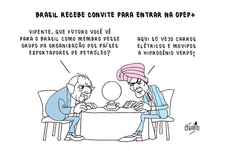 O título da charge é Brasil recebe convite para entrar na Opep+. O desenho mostra Lula sentado a uma mesa, sobre a qual há uma bola de cristal. Sentado do lado oposto, aparece um vidente usando um turbante. Lula pergunta: - Vidente, que futuro você vê para o Brasil como membro desse grupo da Organização dos Países Exportadores de Petróleo? O vidente responde: - Aqui só vejo carros elétricos e movidos a hidrogênio verde!