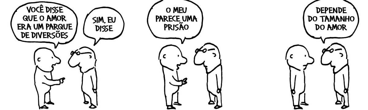 A tira de André Dahmer, publicada em 01/12/2023, tem três quadros. No primeiro, dois homens conversam. O primeiro homem indaga o segundo: "Você disse que o amor era um parque de diversões". O segundo homem responde: "Sim, eu disse". No segundo quadro, o primeiro homem afirma: "O meu parece uma prisão". No terceiro quadro, o segundo homem responde: "Depende do tamanho do amor".