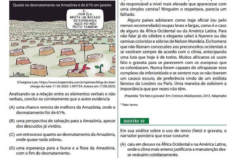 Reprodução da prova de ciências da natureza do Provão Paulista, aplicada nesta quarta (29) para estudantes do ensino médio de São Paulo; o desmatamento foi um dos temas