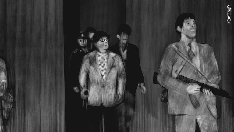 A imagem em preto e branco é uma reprodução de uma foto histórica. Na foto Salvador Allende está no centro acompanhado por outros homens atrás. Nas duas extremidades da imagem dois homens empunham armas. 