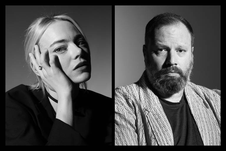 A atriz Emma Stone e o diretor Yorgos Lanthimos em West Hollywood, Califórnia. 'Poor Things' é um dos quatro filmes que eles fizeram juntos e pode ser indicado ao Oscar