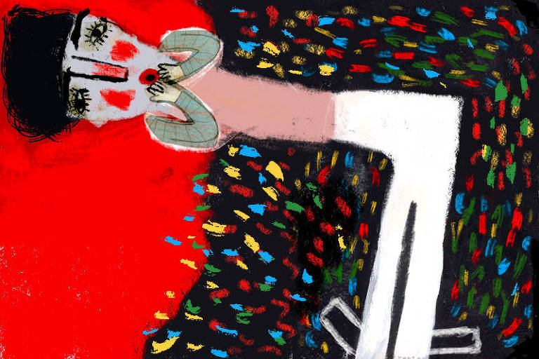 Sobre um fundo vermelho, ilustração de Fê, publicada da Folha de S.Paulo em 2 de dezembro de 2023, mostra um personagem esguio e comprido, curvado para a esquerda. Ele veste camisa cor de rosa e calças brancas. As mãos estão perto do rosto, ele tem a face cinza, com bochechas vermelhas, nariz reto e comprido e cabelos pretos. A parte direita do fundo é preta, com várias pinceladas coloridas