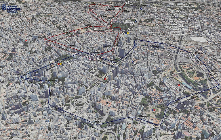 Centro de São Paulo com o trajeto das duas linhas de VLT, Vermelha e Azul