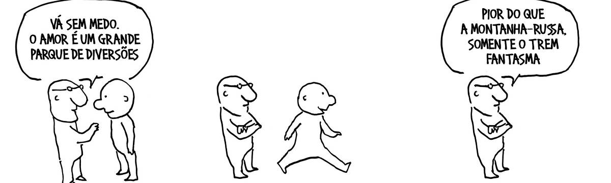A tira de André Dahmer, publicada em 02/12/2023, tem três quadros. No primeiro, um homem de óculos fala para um rapaz mais jovem: "Vá sem medo. O amor é um grande parque de diversões". No segundo quadro, o homem de óculos observa o rapaz jovem sair de cena, com um sorriso no rosto. No terceiro quadro, o homem de óculos, sozinho, comenta: "Pior do que a montanha-russa, somente o Trem Fantasma".