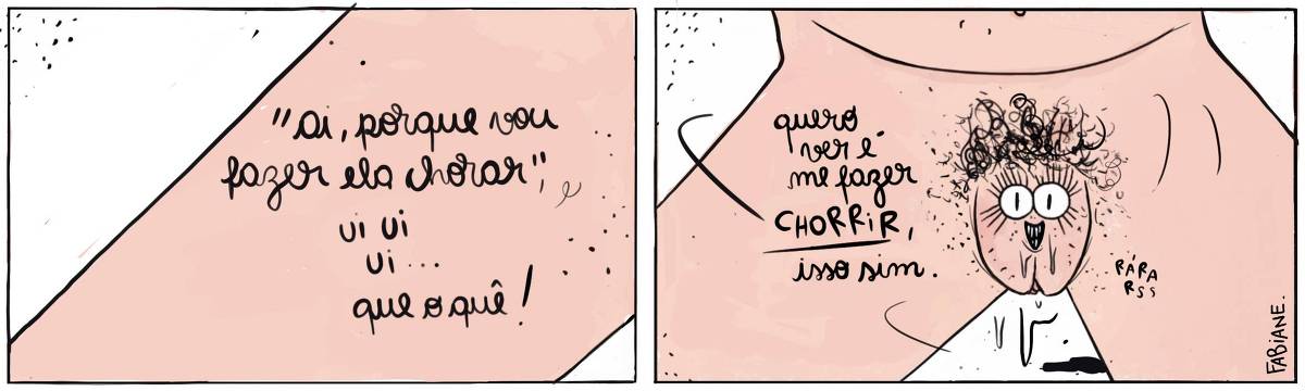 A tira Viver Dói, de Fabiane Langona, publicada em 012/2023, mostra, em seu primeiro quadro o pedaço de uma coxa feminina, branca, de pele rosada. No quadro seguinte, o plano se abre, e vemos uma vulva. Ela tem grandes olhos e cílios imensos, olhar vivido e sorriso maroto. Ela esta suada. No quadrinho 1, vemos a voz da vulva ainda não revelada dizendo: “ ‘Ui, porque vou te fazer chorar, uiui”…. // Que o quê!!! No quadrinho 2, vemos a vulva já explícita, que diz: “Quero ver é me fazer CHORRIR, isso sim. // Haha, rss.