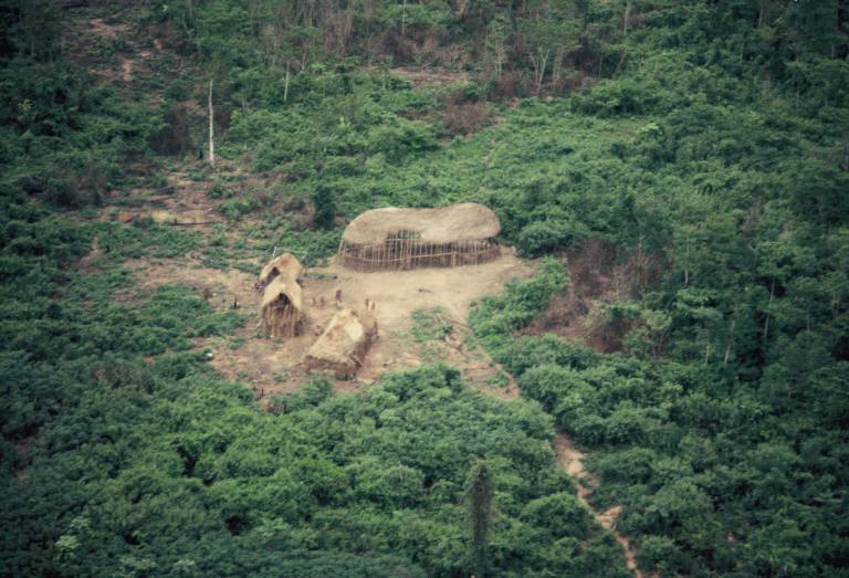 foto aérea mostra malocas sendo construídas em meio a floresta densa