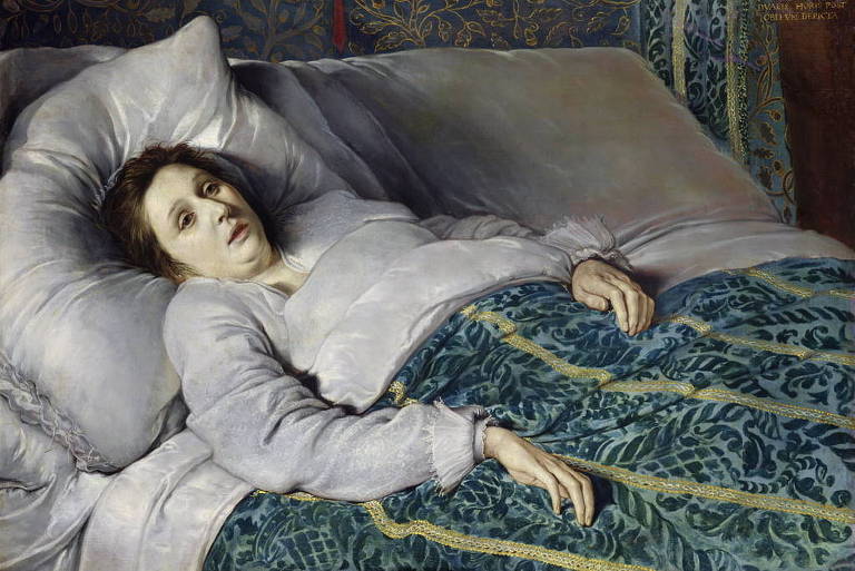 pintura a óleo mostra mulher branca deitada em uma cama; ela é pálida, está com as mãos retorcidas e semblante de exaustão; parece que vai morrer a qualquer momento