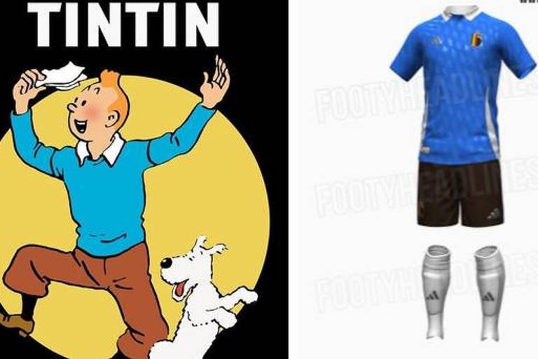Montagem com imagem do personagem Tintim e seu cão Milu, e o uniforme da Bélgica