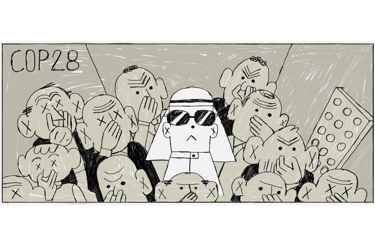 O título da ilustração é “Cop 28”, a imagem mostra um elevador cheio de representantes e chefes de estado, todos estão consternados e com as mãos levadas ao nariz. No centro, um representante dos Emirados Árabes é o único impassível. 