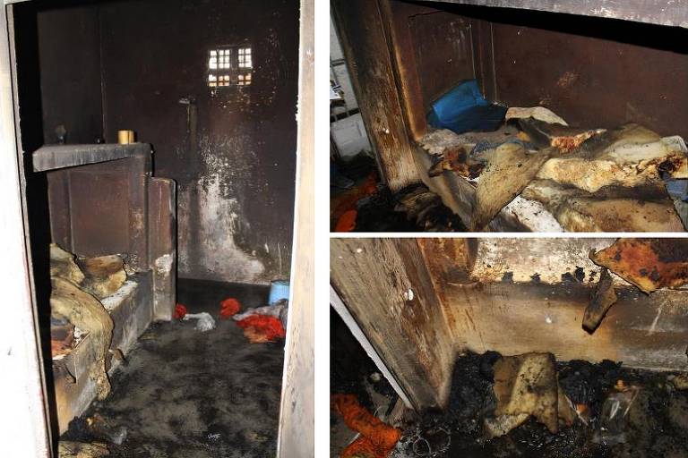 Fotos do interior da cela onde ocorreu um incêndio no sistema prisional de Santa Catarina