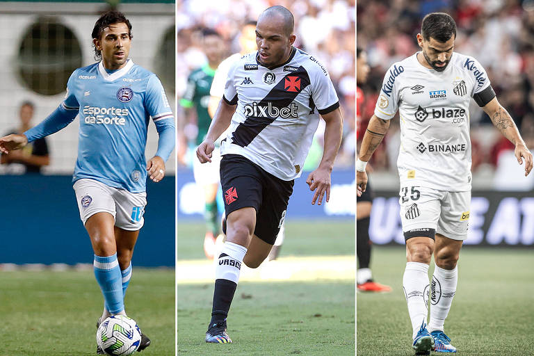 Acevedo, do Bahia, Rodrigo, do Vasco, e Lucas Lima, do Santos; três times lutam para evitar o rebaixamento na última rodada do Brasileiro 
