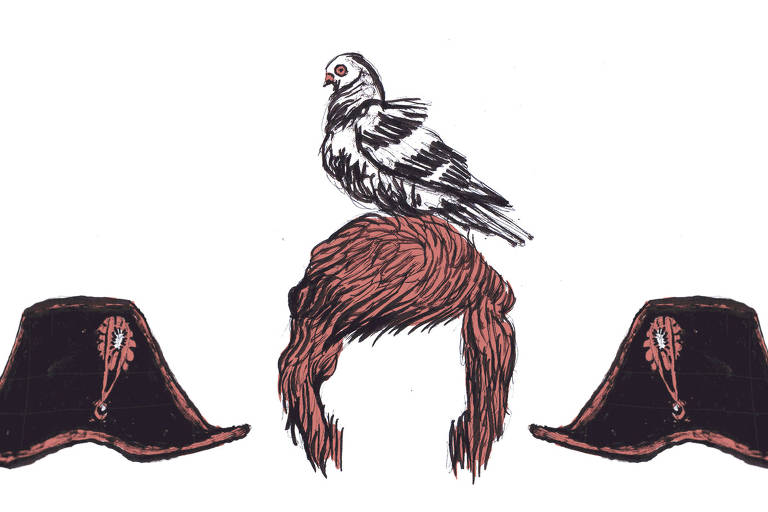 Composição feita de três objetos. Ao centro, a peruca de Milei com uma pomba ouriçada aninhada em cima é margeada pelo chapéu de Napoleão repetido dos dois lados.