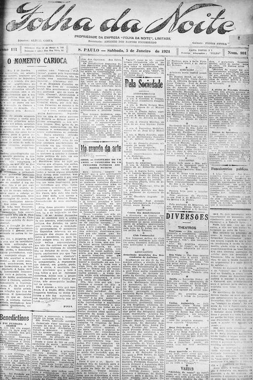 Primeira Página da Folha da Noite de 5 de janeiro de 1924