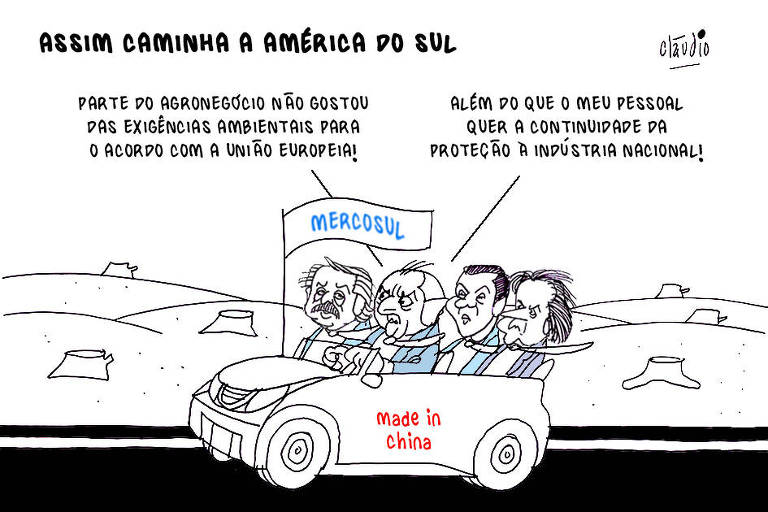 O título da charge é Assim caminha a América do Sul. O desenho mostra uma estrada tendo ao fundo uma área desmatada. Na Estrada, guiando um automóvel, aparece Lula. Junto com ele estão os presidentes Alberto Fernández, da Argentina, Santiago Peña, do Paraguai, e Luis Alberto Lacalle Pou, do Uruguai. Lula diz: - Parte do agronegócio não gostou das exigências ambientais para o acordo com a União Europeia! Além do que o meu pessoal quer a continuidade da proteção à indústria nacional! O carro guiado por Lula tem uma bandeira do Mercosul e na porta as palavras Made in China.