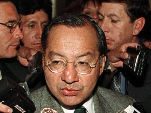 (FILES) US ambassador to Bolivia, Manuel Rocha, speaks to members of the press in La Paz on July 11, 2001. A former US ambassador to Bolivia and member of the National Security Council has been charged with spying for Cuba for 40 years, the Justice Department announced on December 4, 2023. The charges against Victor Manuel Rocha, 73, 