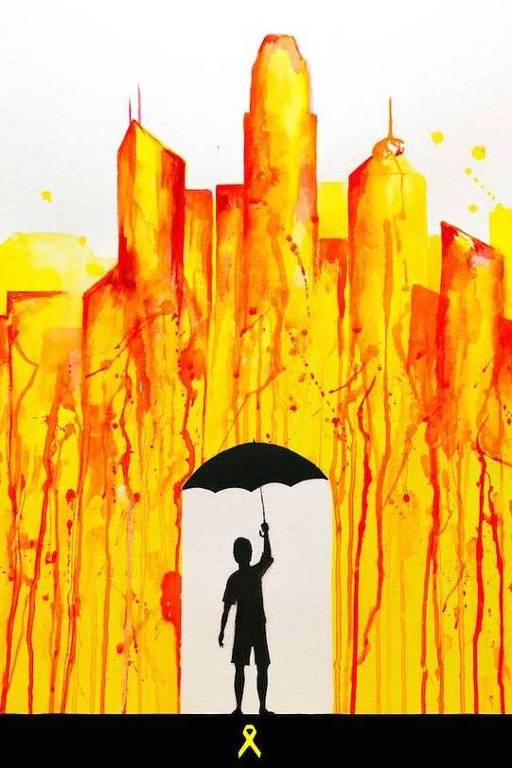 Arte de Marc Allante em homenagem à chamada revolução dos guarda-chuvas em Hong Kong, nome dado às manifestações pró-democracia em 2014 e 2019. De ascendência franco-chinesa, Allante é especialista em aquarelas e faz sucesso nos salões de arte da Europa