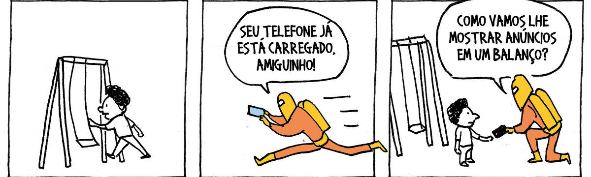 A tira de André Dahmer, publicada em 06/12/2023, tem três quadros. No primeiro, um garotinho está prestes a usar um balanço. No segundo quadro, o personagem Algoritmo corre em direção ao garoto. Com um celular na mão, ele diz: "Seu telefone já está carregado, amiguinho!". No terceiro quadro, o garoto está recebendo o telefone de costas para o balanço. O Algoritmo diz a ele: "Como vamos lhe mostrar anúncios em um balanço?".