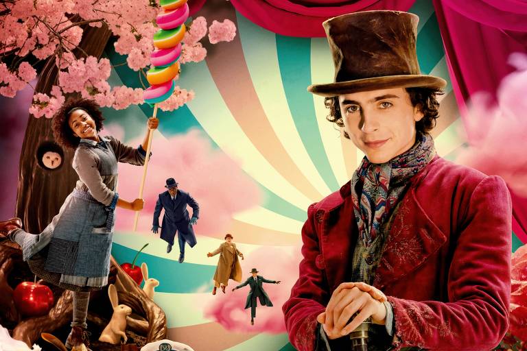 Timothée Chalamet em cartaz do filme 'Wonka', de Paul King