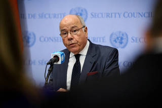 FILE PHOTO: Brazil's Foreign Minister Mauro Vieira speaks to members of the media at the United Nations Headquarters in New York