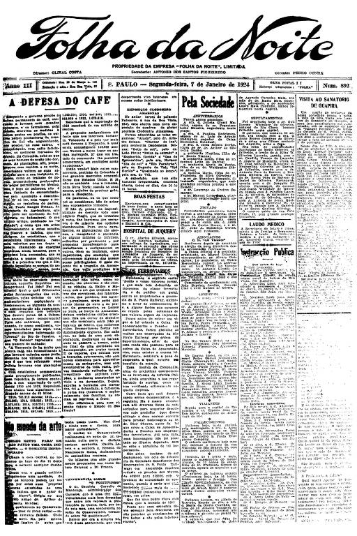 Primeira Página da Folha da Noite de 7 de janeiro de 1924