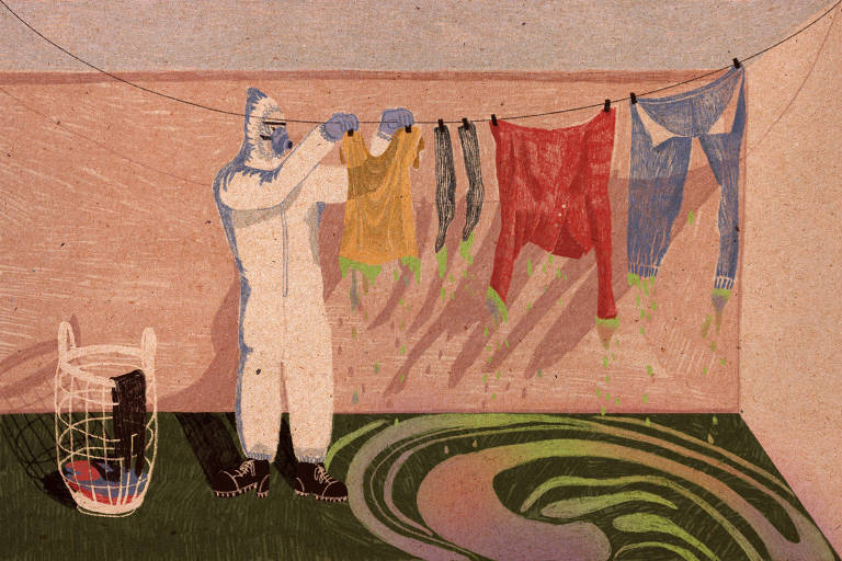 arte ilustra uma pessoa paramentada com um uniforme branco de proteção pendurando roupas no varal