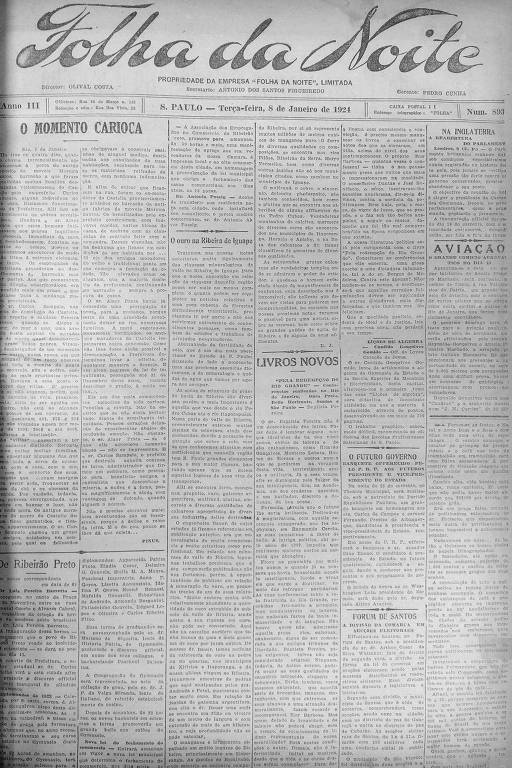 Primeira Página da Folha da Noite de 8 de janeiro de 1924