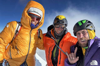 From left: Alan Rousseau, Matt Cornell and Jackson Marvell on Mount Jannu in October. (Jackson Marvell via The New York Times)