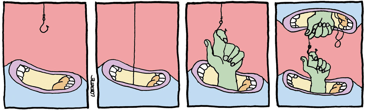 Na tira de Laerte, em 4 quadrinhos: 1) - Uma grande boca, aberta para o alto, como uma cratera. Do alto, sobre essa boca, pende um anzol na ponta de uma linha. 2) - A linha com o anzol mergulha dentro da boca aberta. 3) - A linha é puxada e traz de lá de dentro uma mão esquerda, que se pendura no anzol pelo dedo indicador. 4) - No quadro aparece uma mão direita, puxando a linha - e saindo de outra boca aberta como uma cratera, mas para baixo