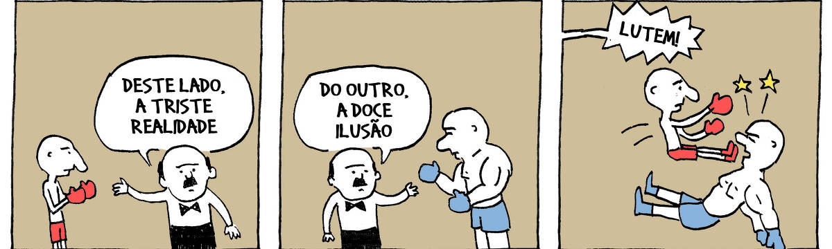 A tira de André Dahmer, publicada em 06/12/2023, tem três quadros. No primeiro, um juiz de luta-livre, trajando gravata-borboleta, apresenta um lutador franzino. O juiz diz: "De um lado, a triste realidade". No segundo quadrinho, o juiz apresenta um lutador alto e forte. O juiz diz: "Do outro, a doce ilusão". No terceiro quadro, o juiz está fora da cena. Ele grita: "Lutem!", ao passo que o lutador franzino acerta o lutador alto e forte com uma voadora.