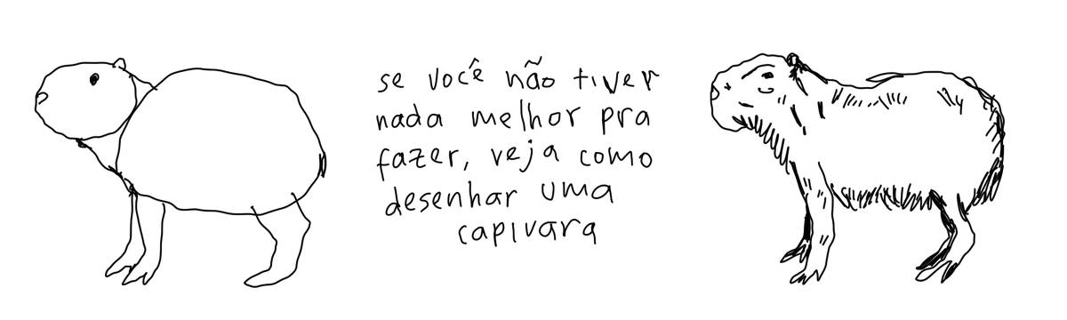 A tirinha em preto e branco de Estela May, publicada em 07/12/23, traz dois desenhos de uma capivara, um mais simples e outro com detalhes. Entre eles, “se você não tiver nada melhor pra fazer, veja como desenhar uma capivara