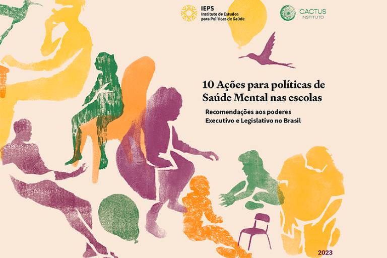 Capa da cartilha "10 ações para políticas de Saúde Mental nas escolas”. Na capa aparecem ilustrações de crianças em amarelo, roxo e verde. 